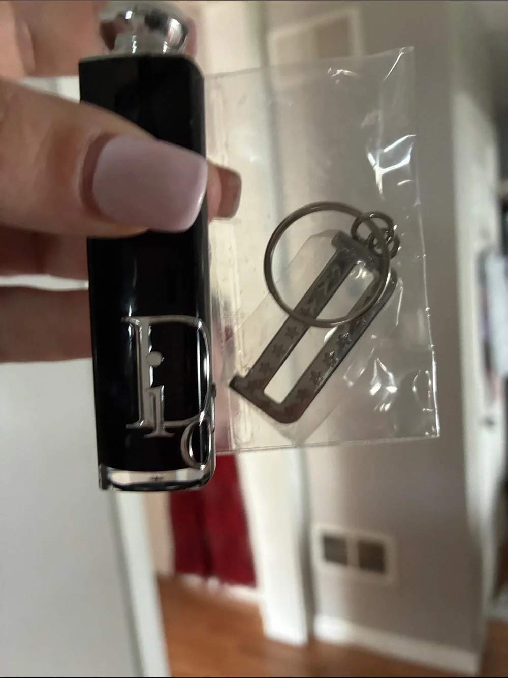 Dior Black and Silver Lipstick Case with Dior addict Lipstick shade and Keychain